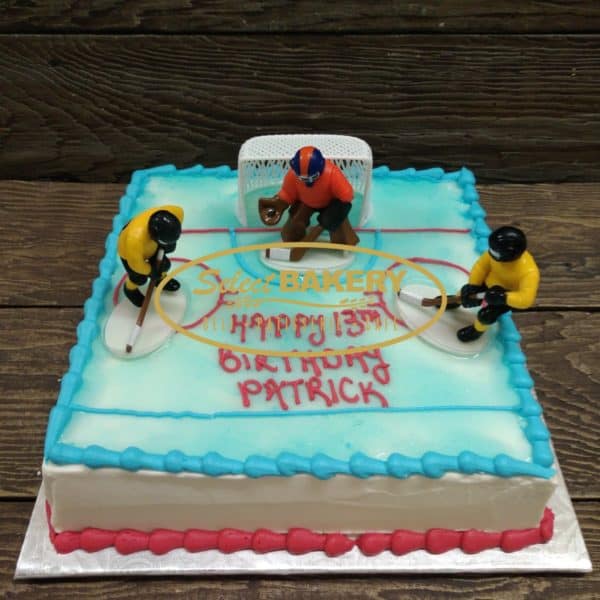 Hockey Birthday Cake for 20-25 people Square cake, easy to slice and enough for a big birthday party. Celebrate a great season or someone's love of hockey with this cake decorating set.